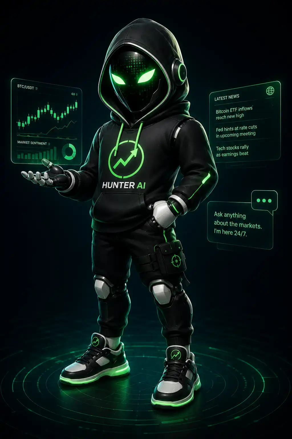 The Hunter AI agent reading live charts, market sentiment and news feeds
