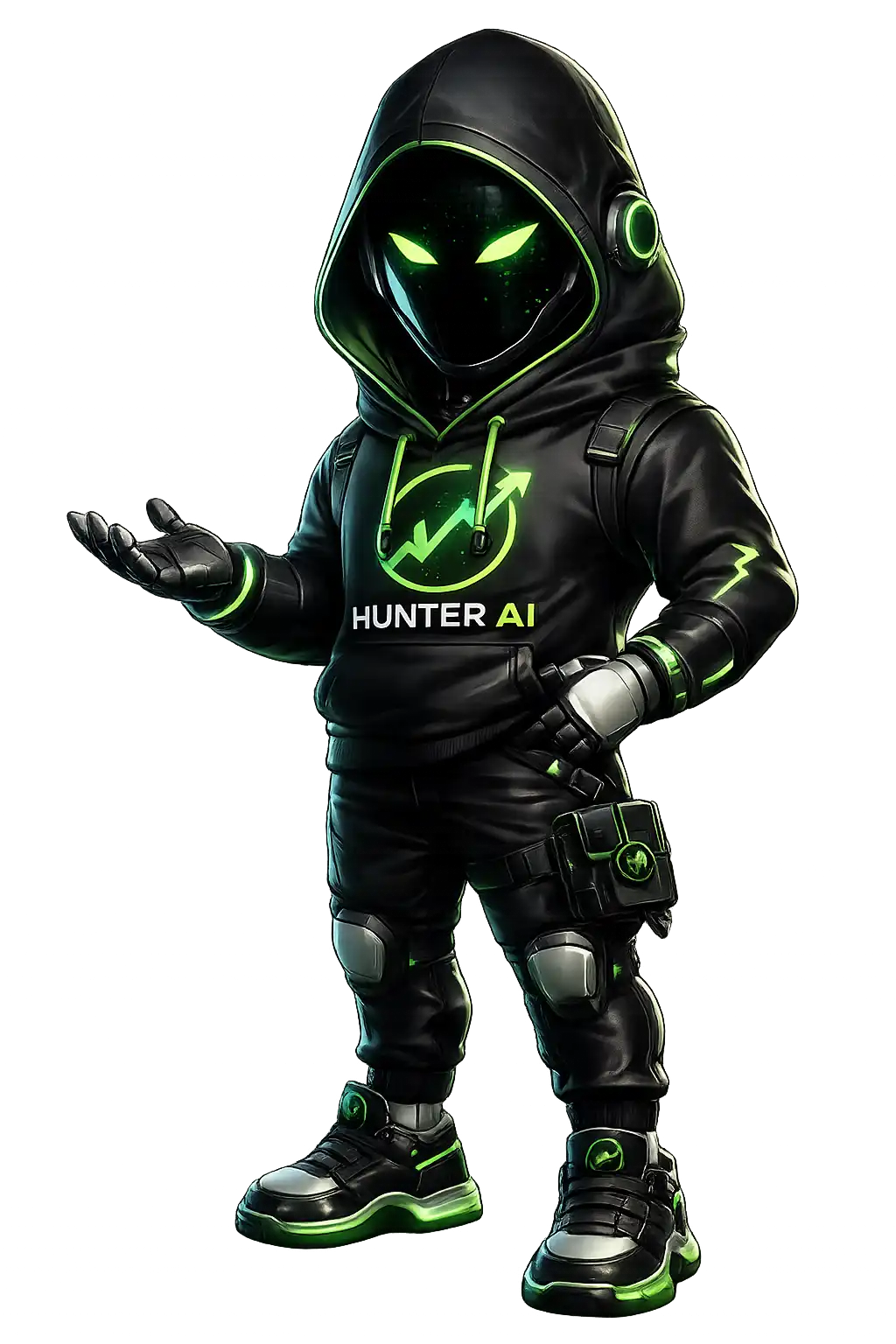 Hunter AI mascot — a hooded AI trading agent